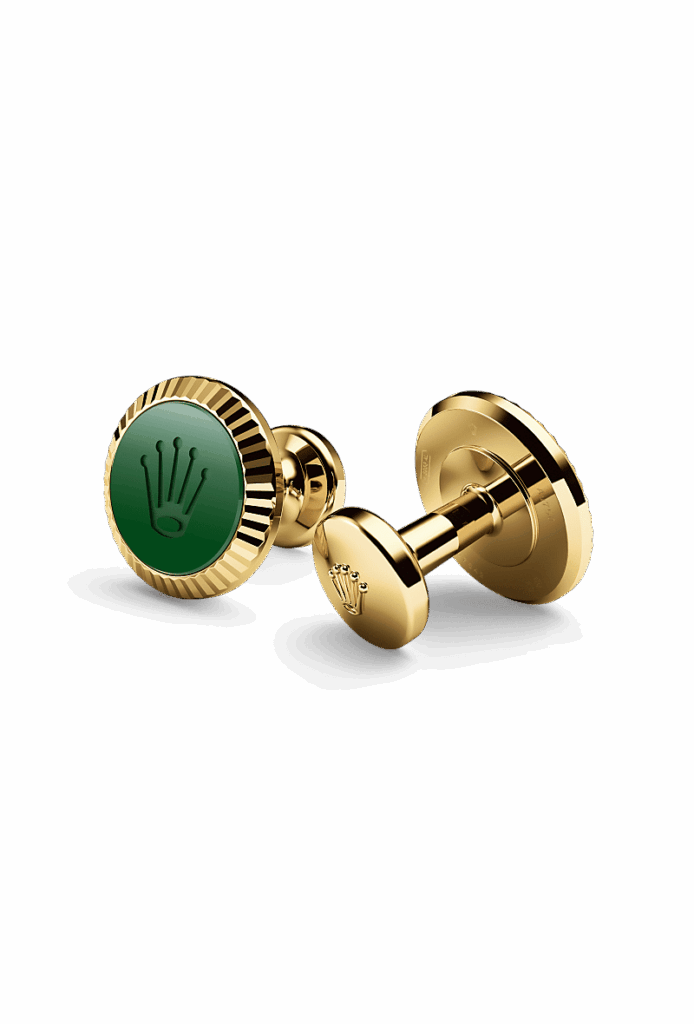 Rolex Manschettenknöpfe Riffeldesign in Gelbgold und Keramik, A1038 bei Juwelier Weinmayr – Packshot