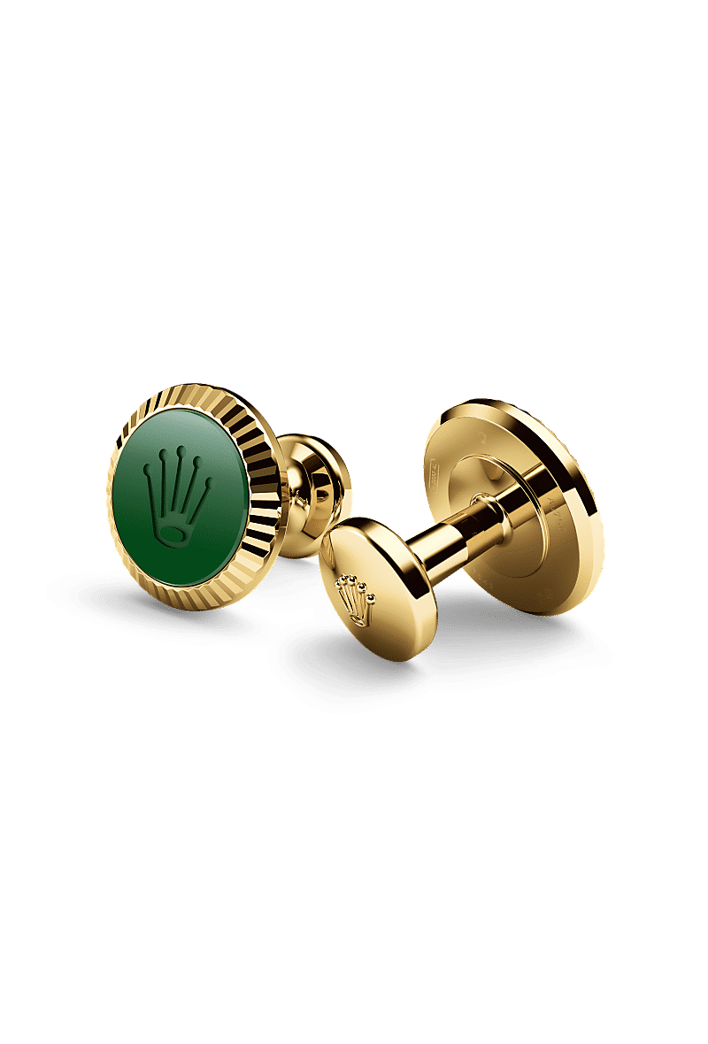 Rolex Manschettenknöpfe Riffeldesign in Gelbgold und Keramik, A1038 bei Juwelier Weinmayr – Packshot