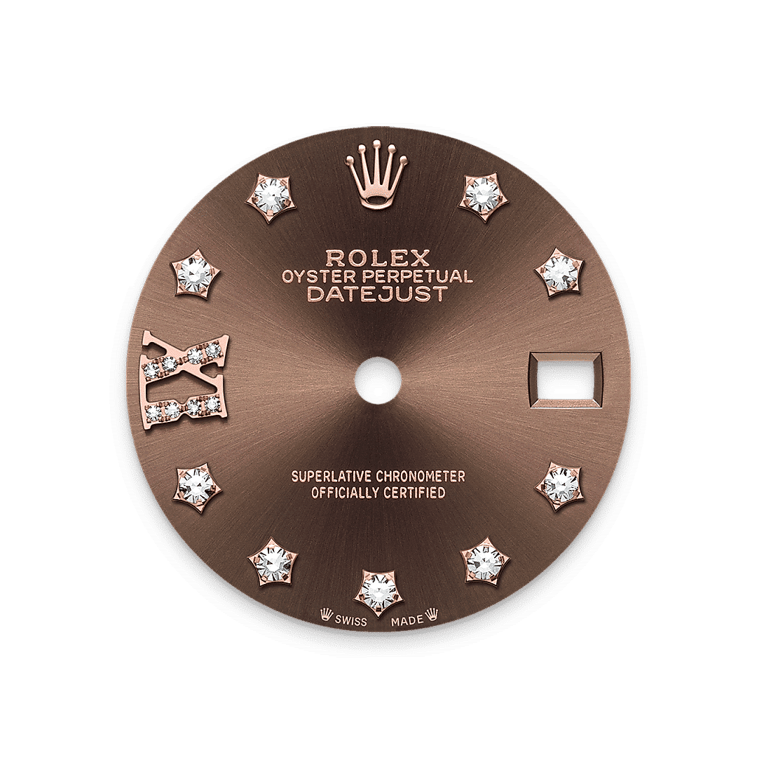 Rolex Lady-Datejust in 18 Karat Everose-Gold mit Diamanten, M279135RBR-0001 – Juwelier Weinmayr – Schokoladen­­farbenes Zifferblatt