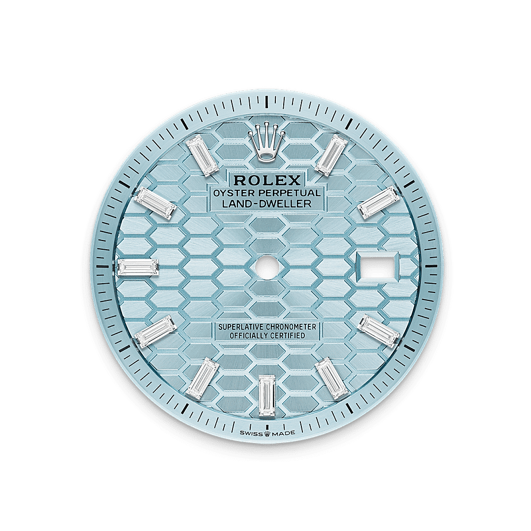 Rolex Land-Dweller 36 in Platin mit Diamanten, M127286TBR-0001 – Juwelier Weinmayr – Eisblaues Zifferblatt