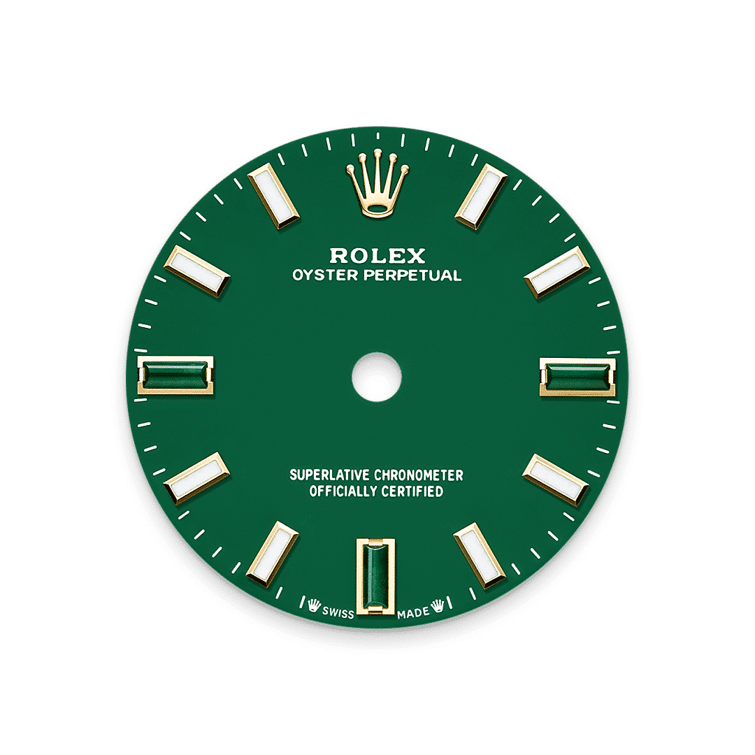 Rolex Oyster Perpetual 28 in 18 Karat Gelbgold, M276208-0002 – Juwelier Weinmayr – Zifferblatt in Green stone