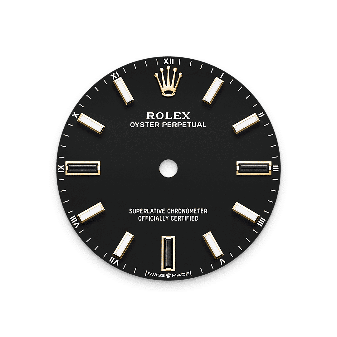 Rolex Oyster Perpetual 34 in 18 Karat Gelbgold, M124208-0001 – Juwelier Weinmayr – Schwarzes Zifferblatt